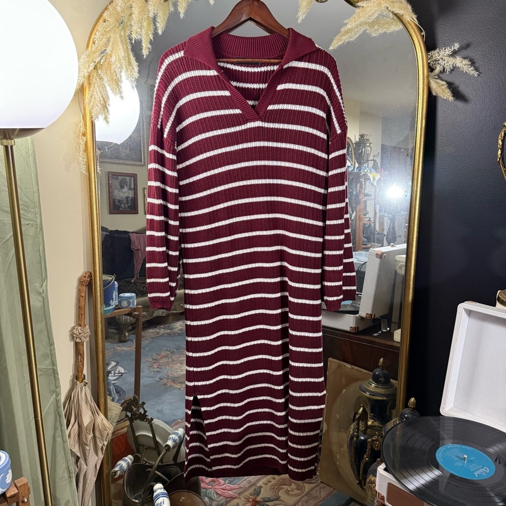 Merokeety Maroon and White Stripe Long Sleeve Sweater Dress with Collar